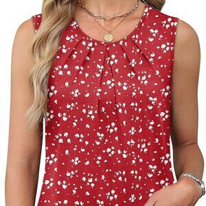 Red Print Flowy Pleated Tank Top